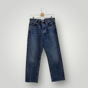 Agolde 90's Mid Rise Straight Leg Jeans Indigo Blue Raw Hem  Womens 27